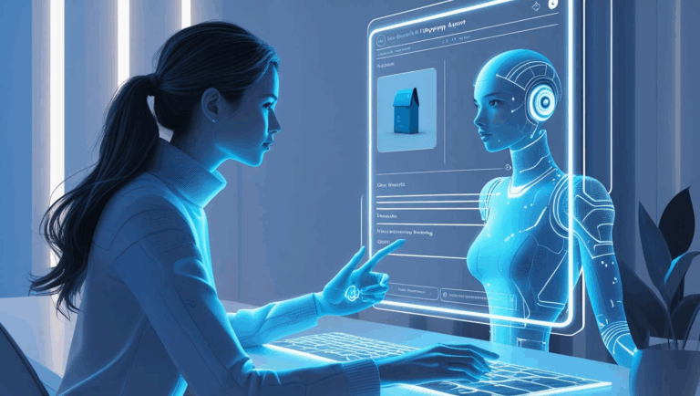 An illustration of a woman interacting with an AI shopping agent for agentic shopping purposes.